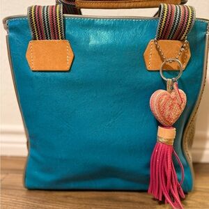 Consuela Blue and Tan Tote with Striped Handles